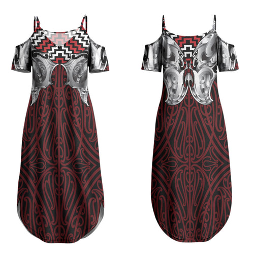 Aotearoa Kowhaiwhai Poutama Red Motif Couples Matching Summer Maxi Dress and Hawaiian Shirt