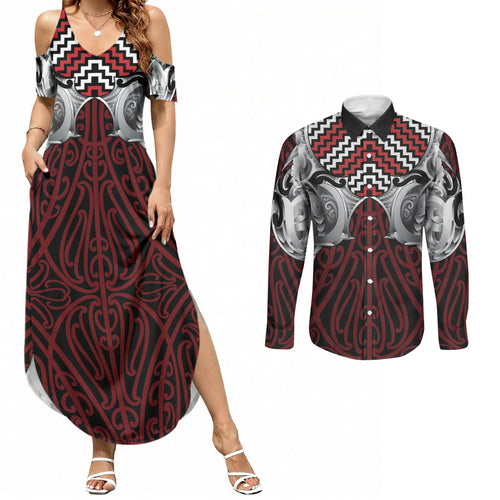 Aotearoa Kowhaiwhai Poutama Red Motif Couples Matching Summer Maxi Dress and Long Sleeve Button Shirt