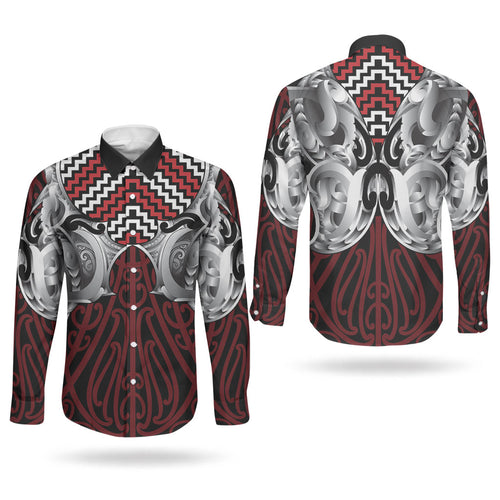 Aotearoa Kowhaiwhai Poutama Red Motif Couples Matching Summer Maxi Dress and Long Sleeve Button Shirt