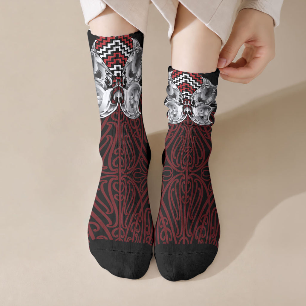 Aotearoa Kowhaiwhai Poutama Red Motif Crew Socks