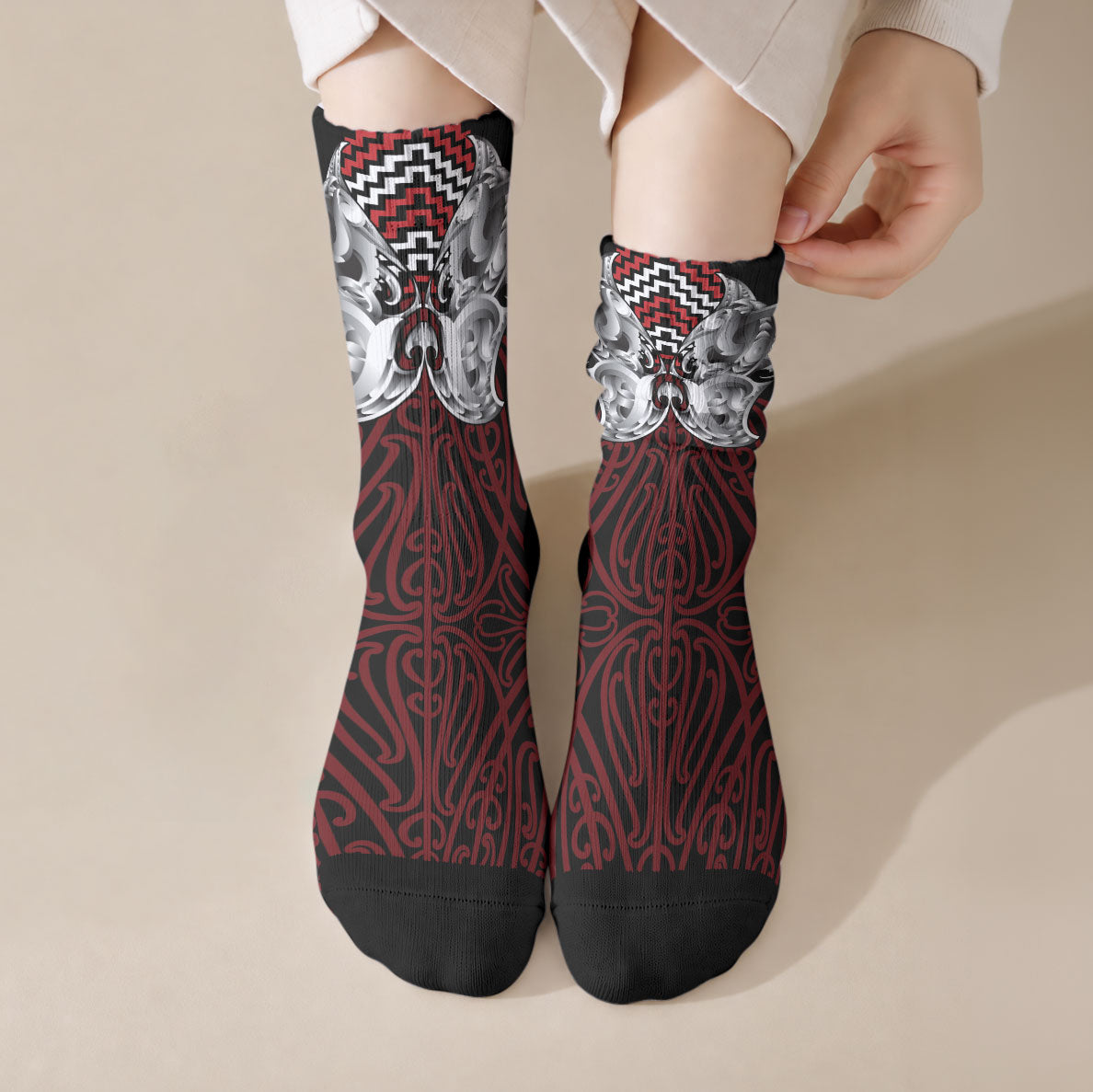Aotearoa Kowhaiwhai Poutama Red Motif Crew Socks