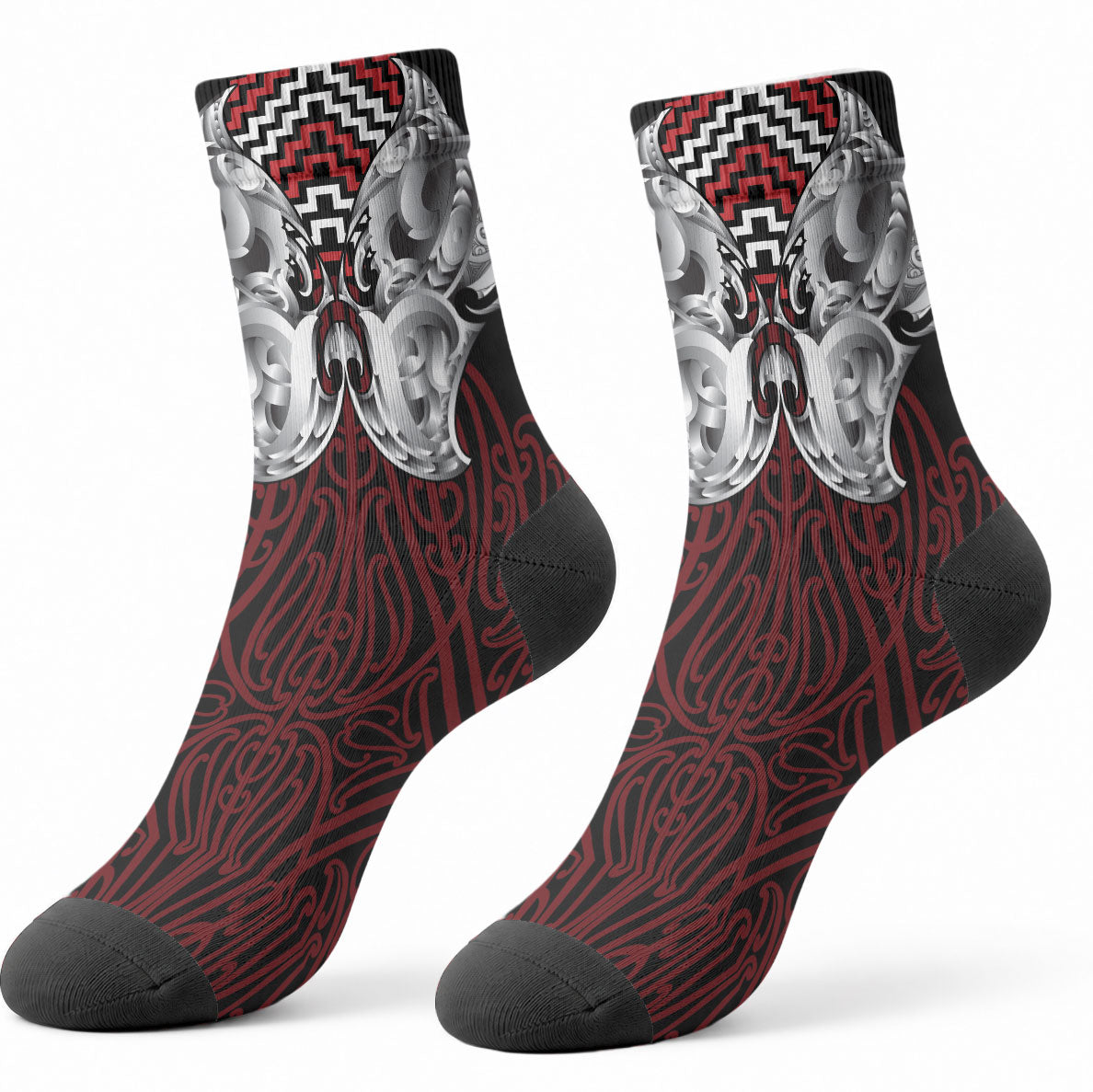 Aotearoa Kowhaiwhai Poutama Red Motif Crew Socks