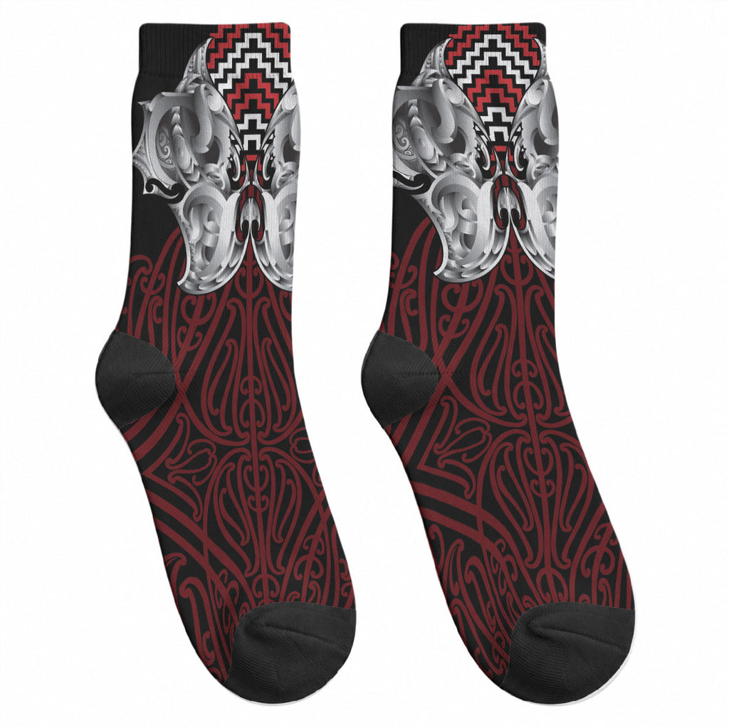 Aotearoa Kowhaiwhai Poutama Red Motif Crew Socks