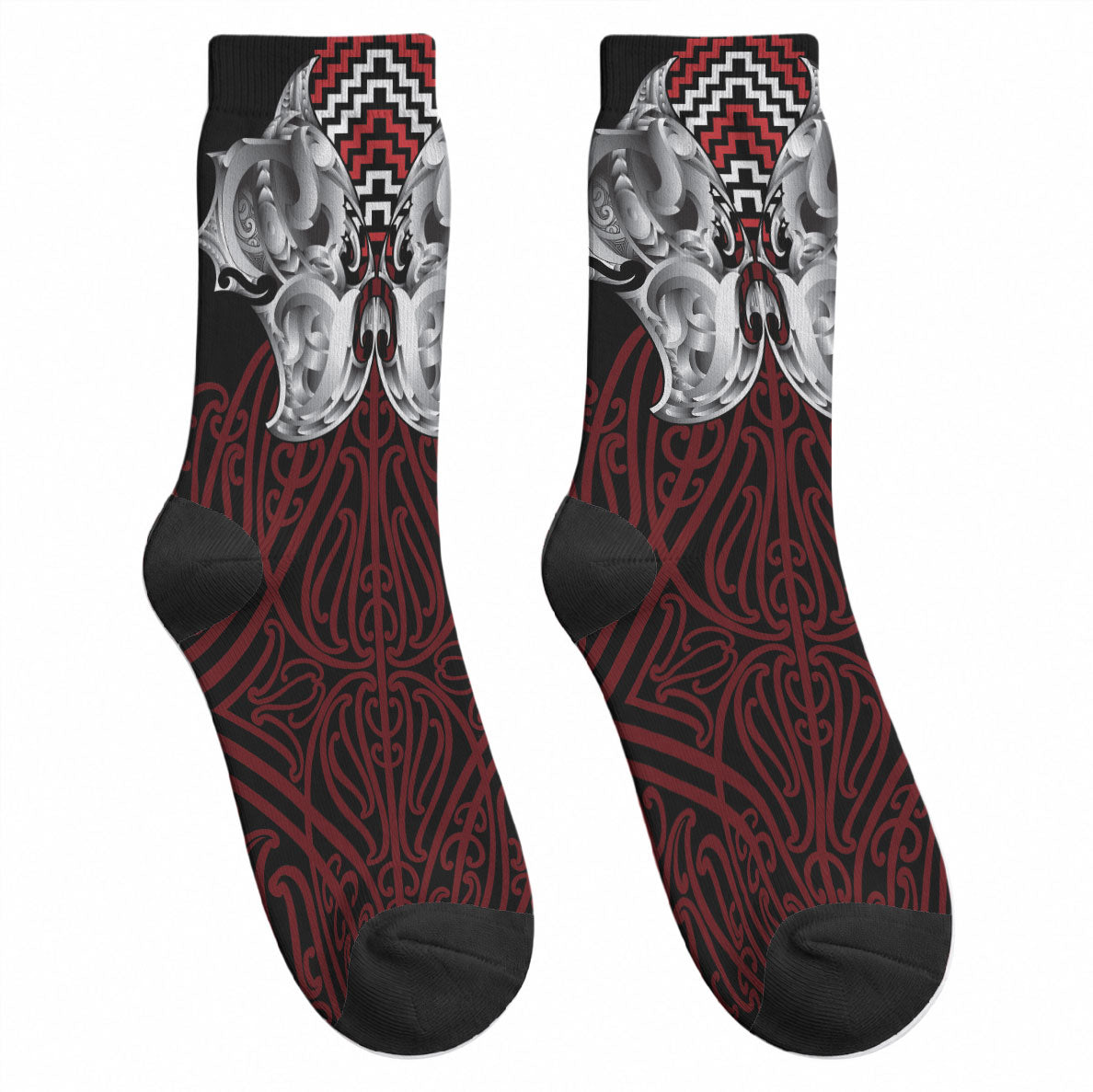 Aotearoa Kowhaiwhai Poutama Red Motif Crew Socks