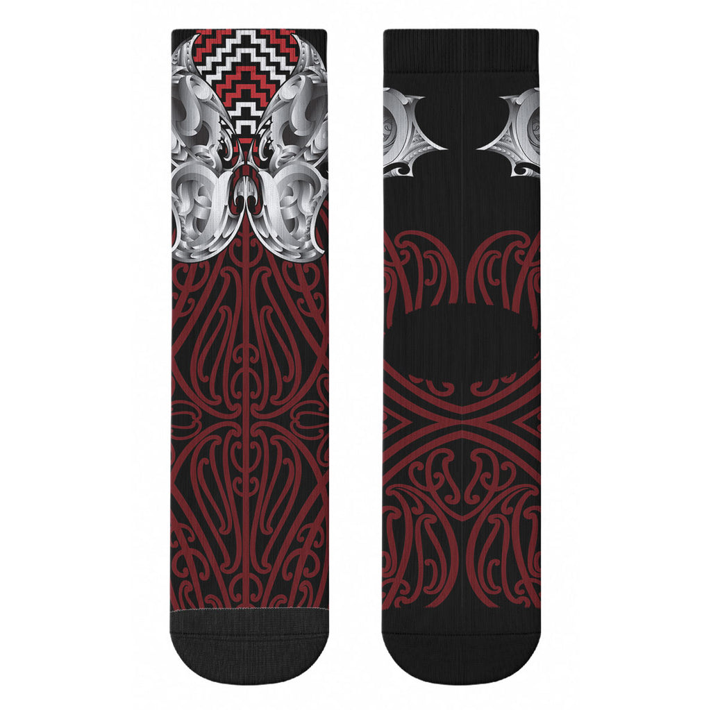Aotearoa Kowhaiwhai Poutama Red Motif Crew Socks