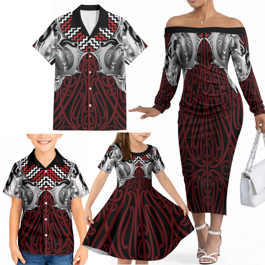 Aotearoa Kowhaiwhai Poutama Red Motif Family Matching Off The Shoulder Long Sleeve Dress and Hawaiian Shirt
