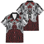 Aotearoa Kowhaiwhai Poutama Red Motif Family Matching Off The Shoulder Long Sleeve Dress and Hawaiian Shirt