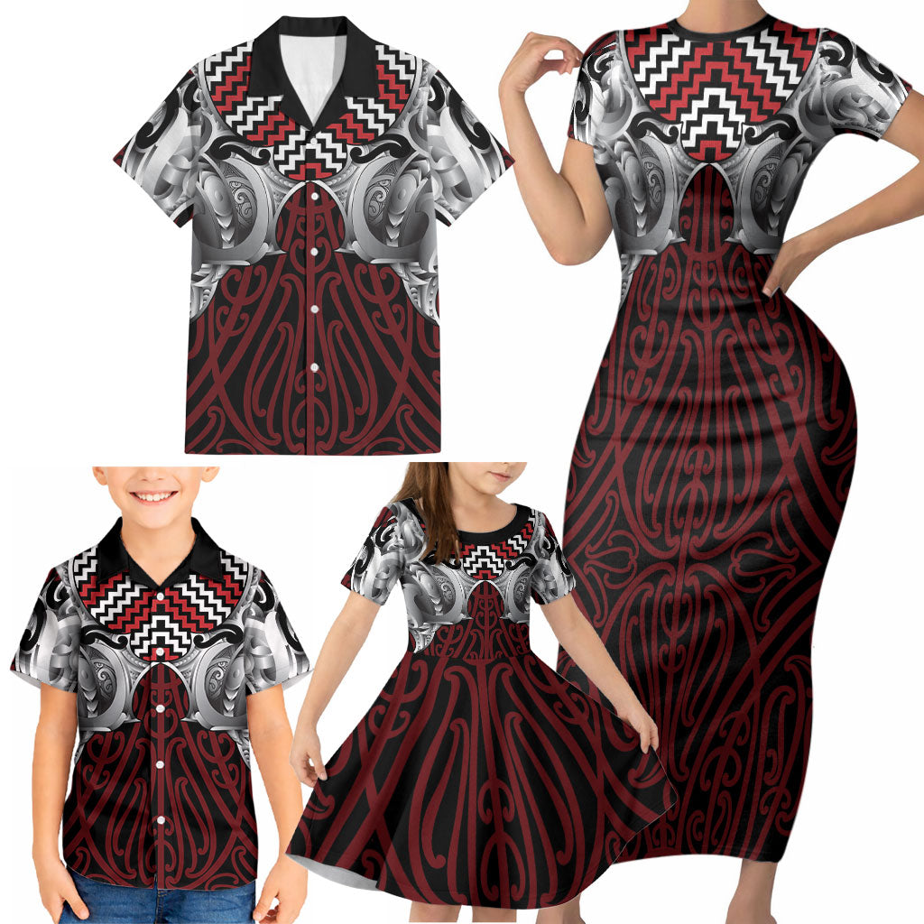 Aotearoa Kowhaiwhai Poutama Red Motif Family Matching Short Sleeve Bodycon Dress and Hawaiian Shirt