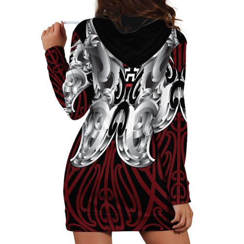 Aotearoa Kowhaiwhai Poutama Red Motif Hoodie Dress