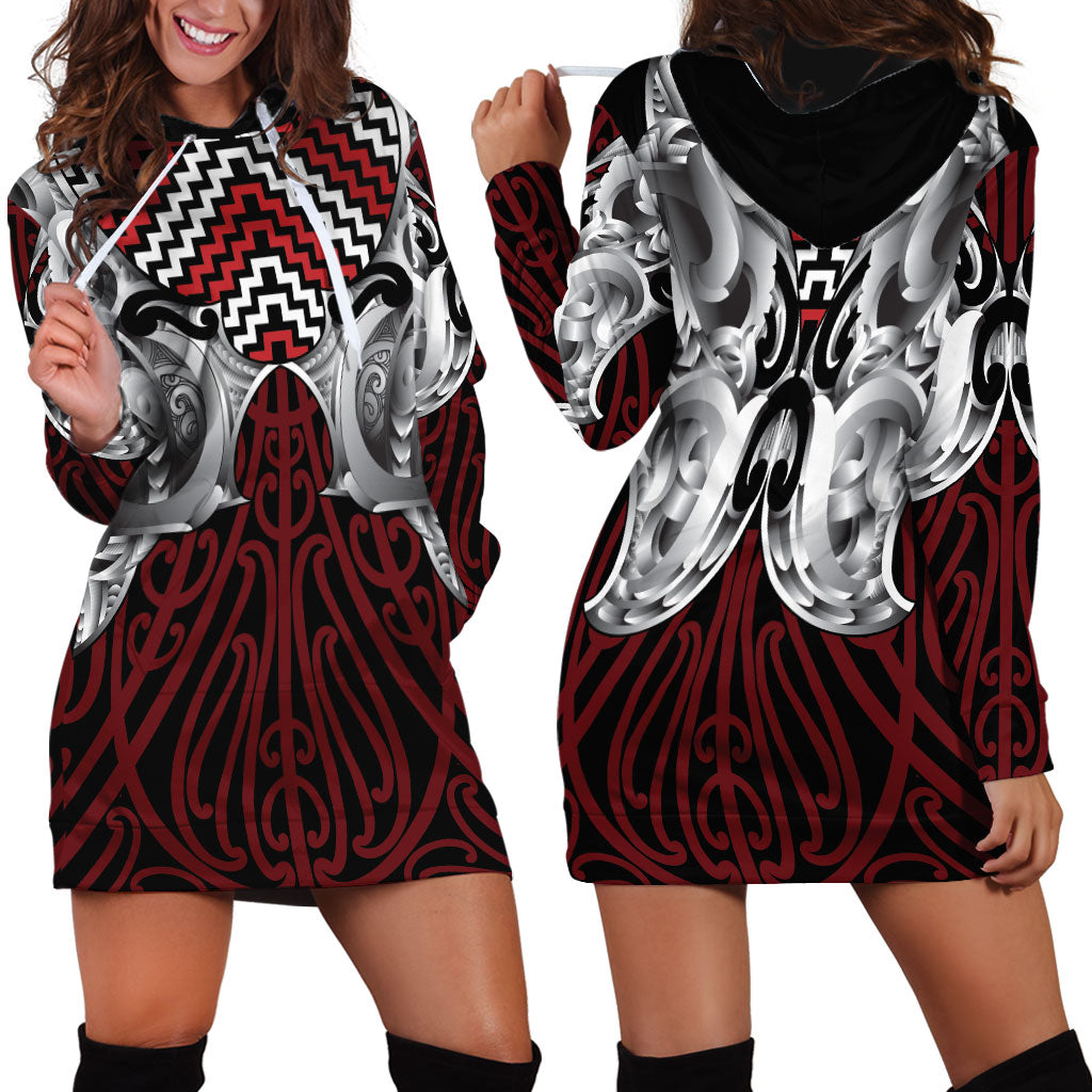 Aotearoa Kowhaiwhai Poutama Red Motif Hoodie Dress