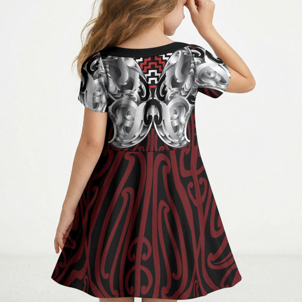 Aotearoa Kowhaiwhai Poutama Red Motif Kid Short Sleeve Dress