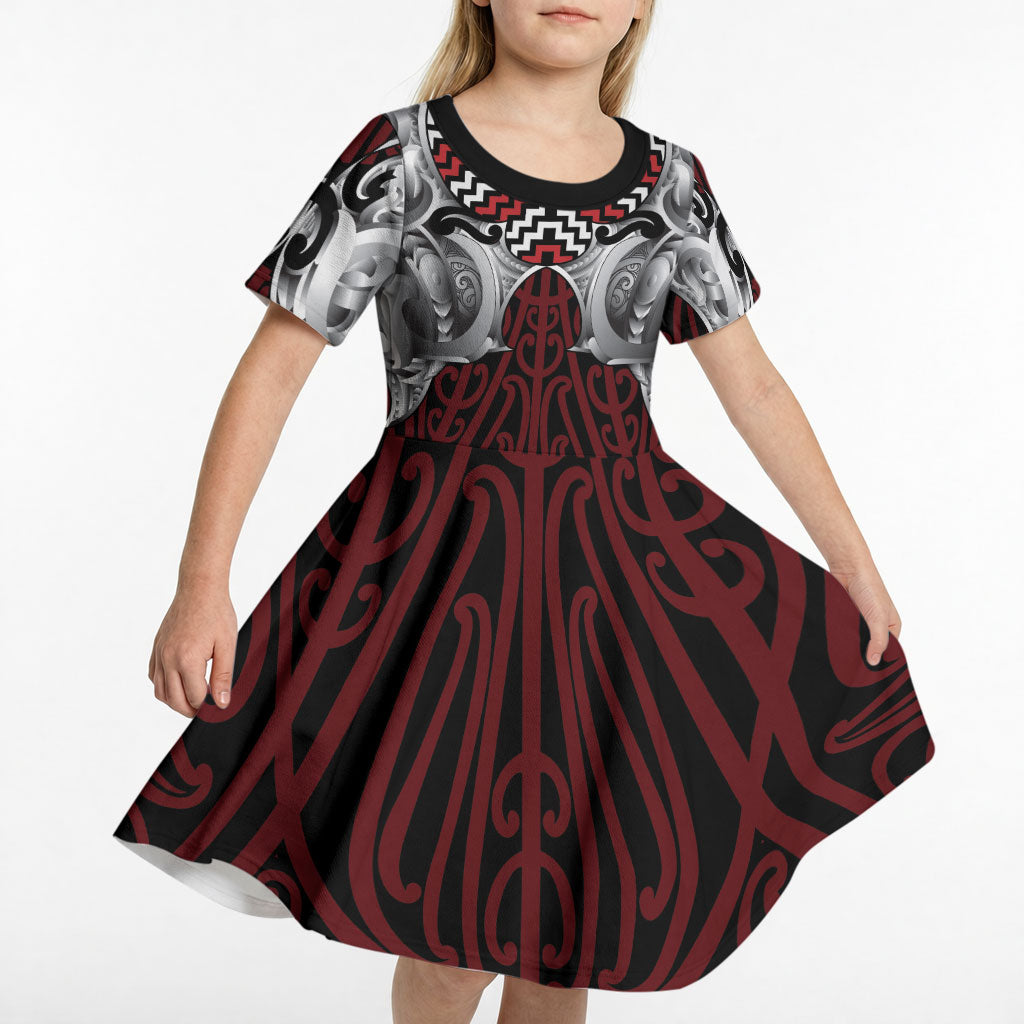 Aotearoa Kowhaiwhai Poutama Red Motif Kid Short Sleeve Dress
