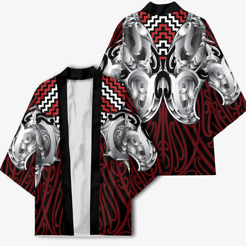 Aotearoa Kowhaiwhai Poutama Red Motif Kimono
