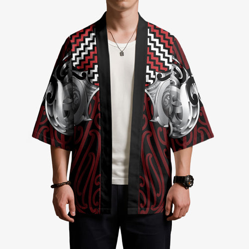 Aotearoa Kowhaiwhai Poutama Red Motif Kimono