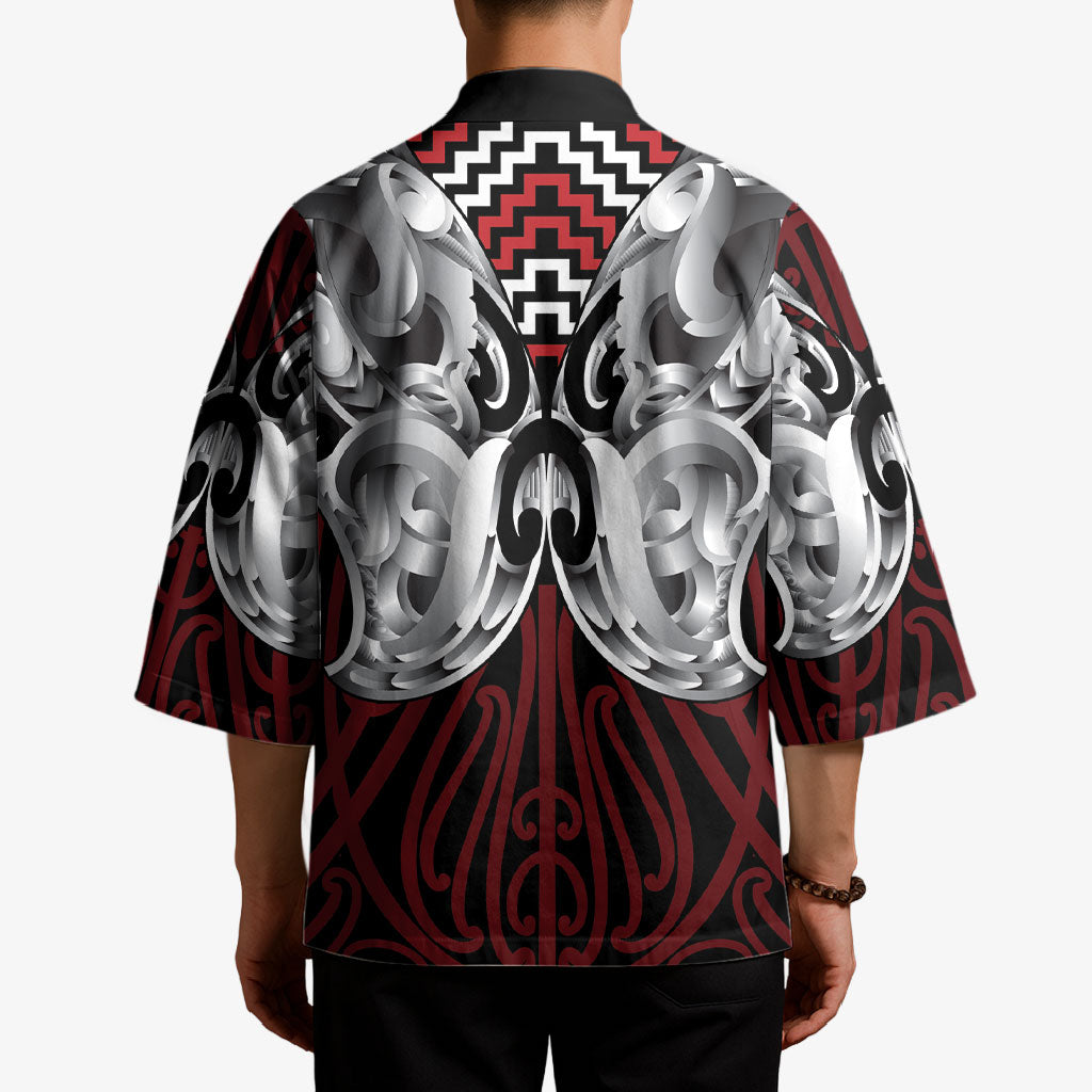 Aotearoa Kowhaiwhai Poutama Red Motif Kimono