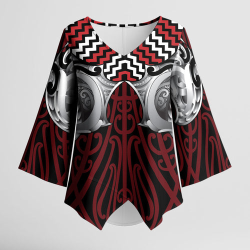 Aotearoa Kowhaiwhai Poutama Red Motif Kimono Sleeve Blouse