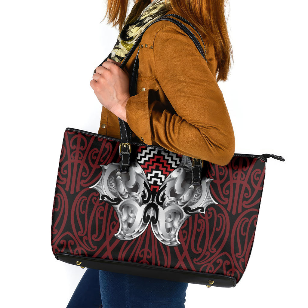 Aotearoa Kowhaiwhai Poutama Red Motif Leather Tote Bag
