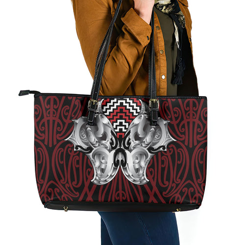 Aotearoa Kowhaiwhai Poutama Red Motif Leather Tote Bag