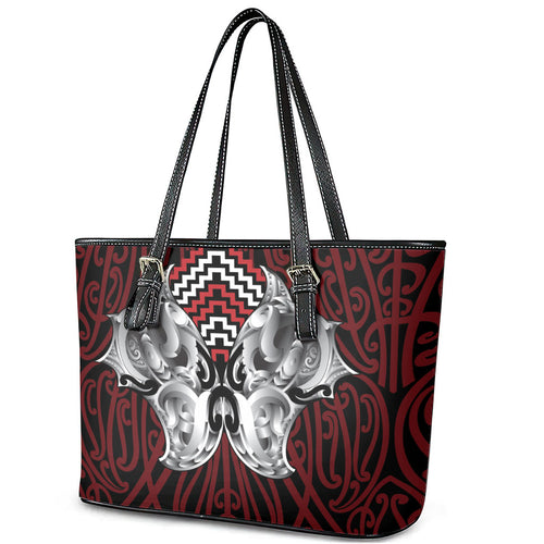 Aotearoa Kowhaiwhai Poutama Red Motif Leather Tote Bag