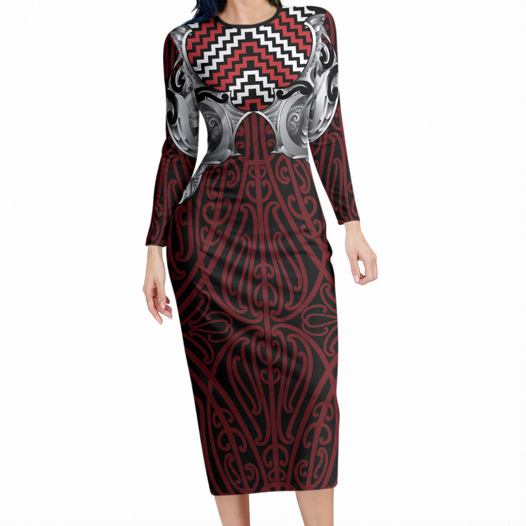 Aotearoa Kowhaiwhai Poutama Red Motif Long Sleeve Bodycon Dress