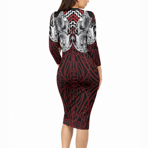Aotearoa Kowhaiwhai Poutama Red Motif Long Sleeve Bodycon Dress