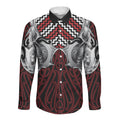 Aotearoa Kowhaiwhai Poutama Red Motif Long Sleeve Button Shirt