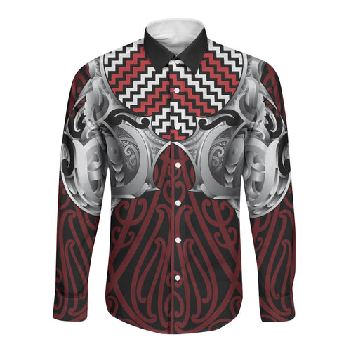 Aotearoa Kowhaiwhai Poutama Red Motif Long Sleeve Button Shirt