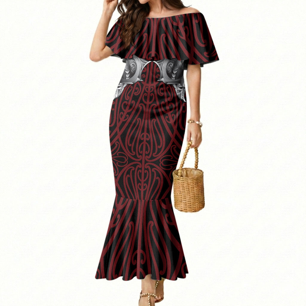 Aotearoa Kowhaiwhai Poutama Red Motif Mermaid Dress