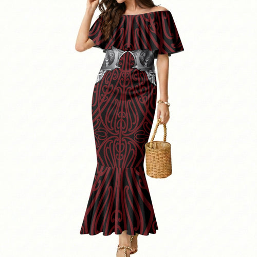 Aotearoa Kowhaiwhai Poutama Red Motif Mermaid Dress