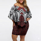 Aotearoa Kowhaiwhai Poutama Red Motif Off Shoulder Short Dress
