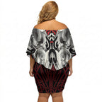 Aotearoa Kowhaiwhai Poutama Red Motif Off Shoulder Short Dress