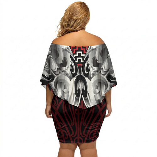 Aotearoa Kowhaiwhai Poutama Red Motif Off Shoulder Short Dress