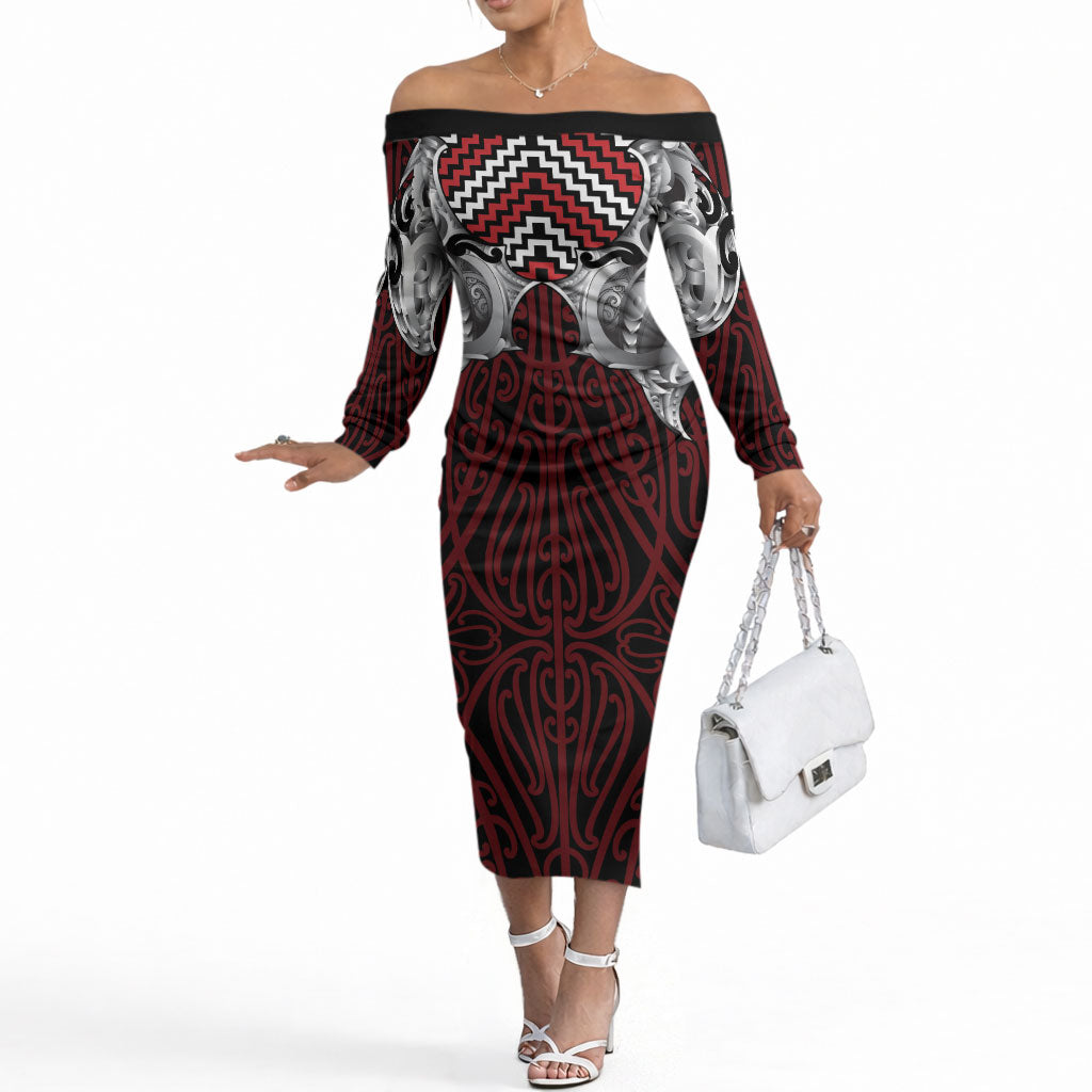 Aotearoa Kowhaiwhai Poutama Red Motif Off The Shoulder Long Sleeve Dress