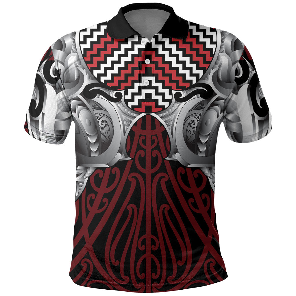 Aotearoa Kowhaiwhai Poutama Red Motif Polo Shirt
