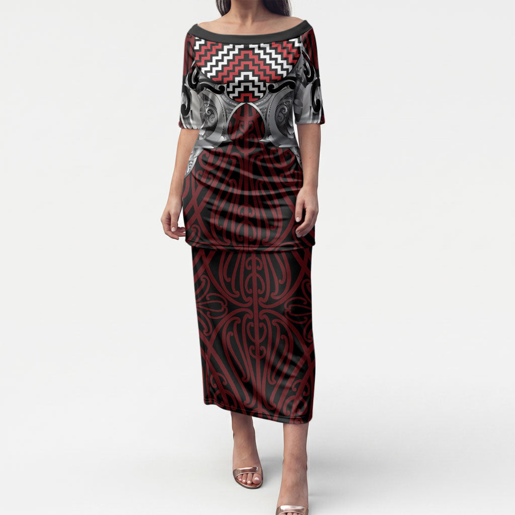Aotearoa Kowhaiwhai Poutama Red Motif Puletasi
