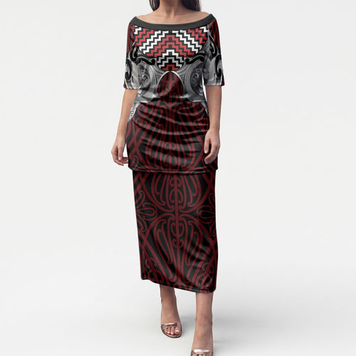 Aotearoa Kowhaiwhai Poutama Red Motif Puletasi