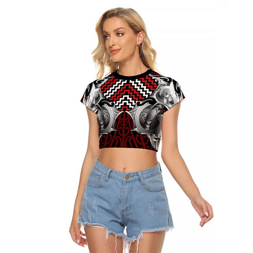 Aotearoa Kowhaiwhai Poutama Red Motif Raglan Cropped T Shirt