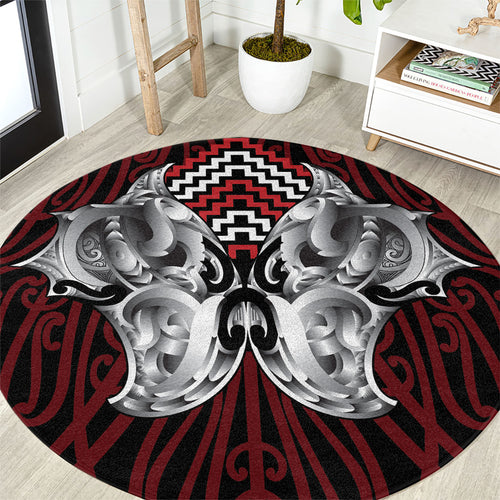 Aotearoa Kowhaiwhai Poutama Red Motif Round Carpet
