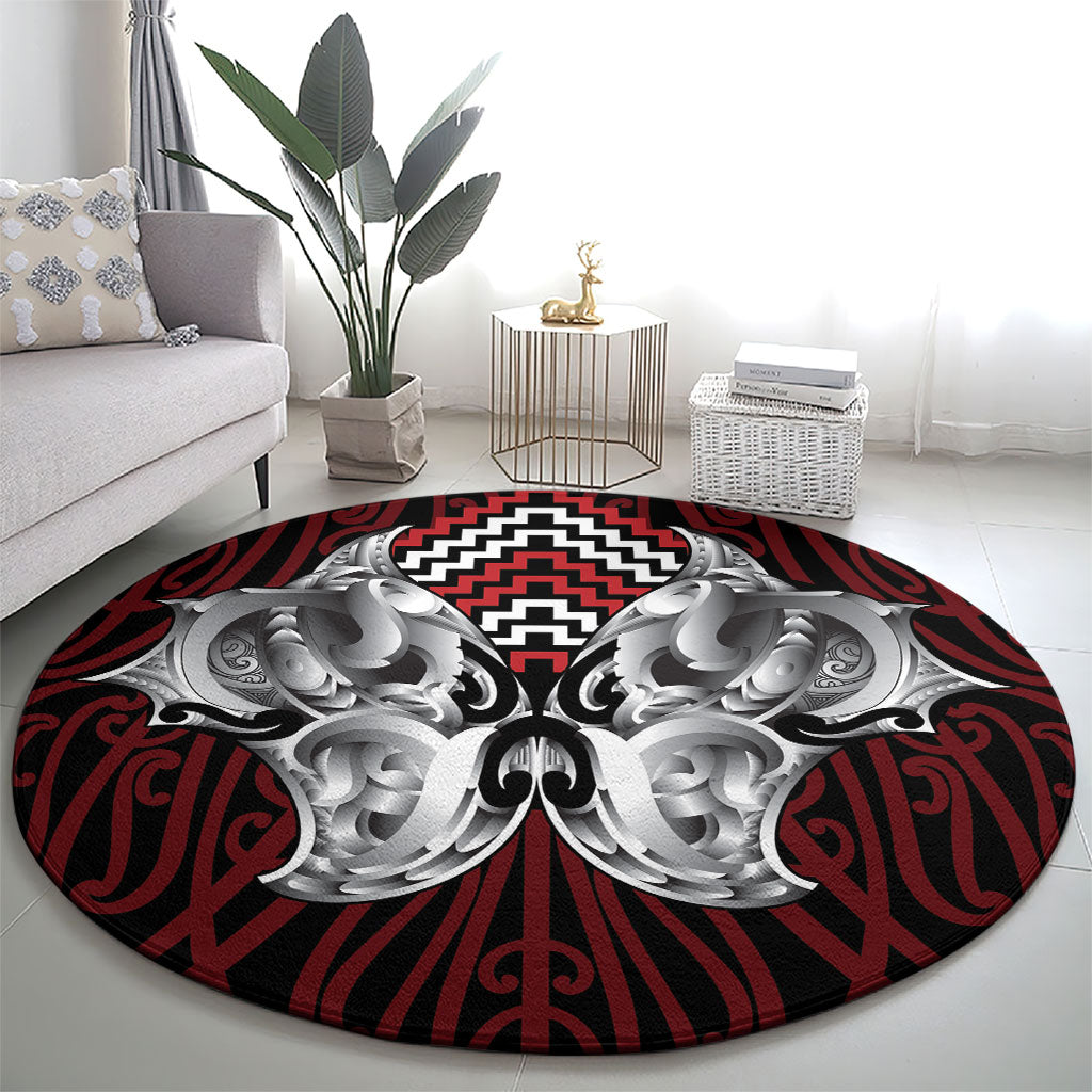 Aotearoa Kowhaiwhai Poutama Red Motif Round Carpet