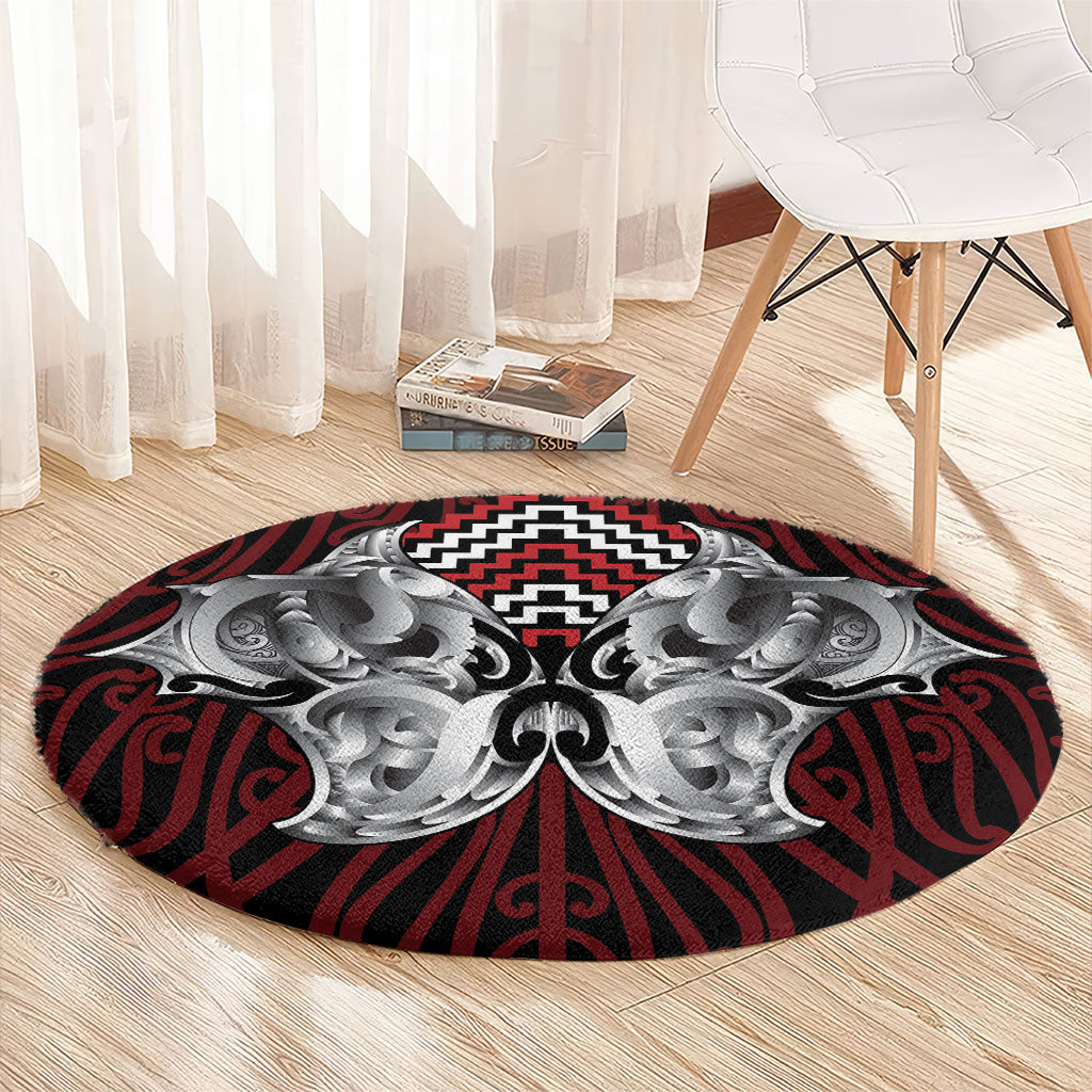 Aotearoa Kowhaiwhai Poutama Red Motif Round Carpet