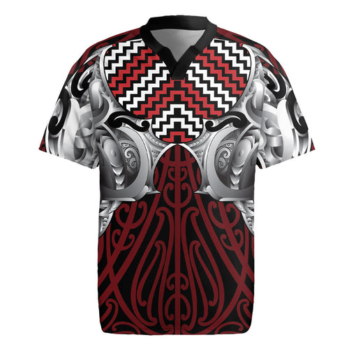 Aotearoa Kowhaiwhai Poutama Red Motif Rugby Jersey