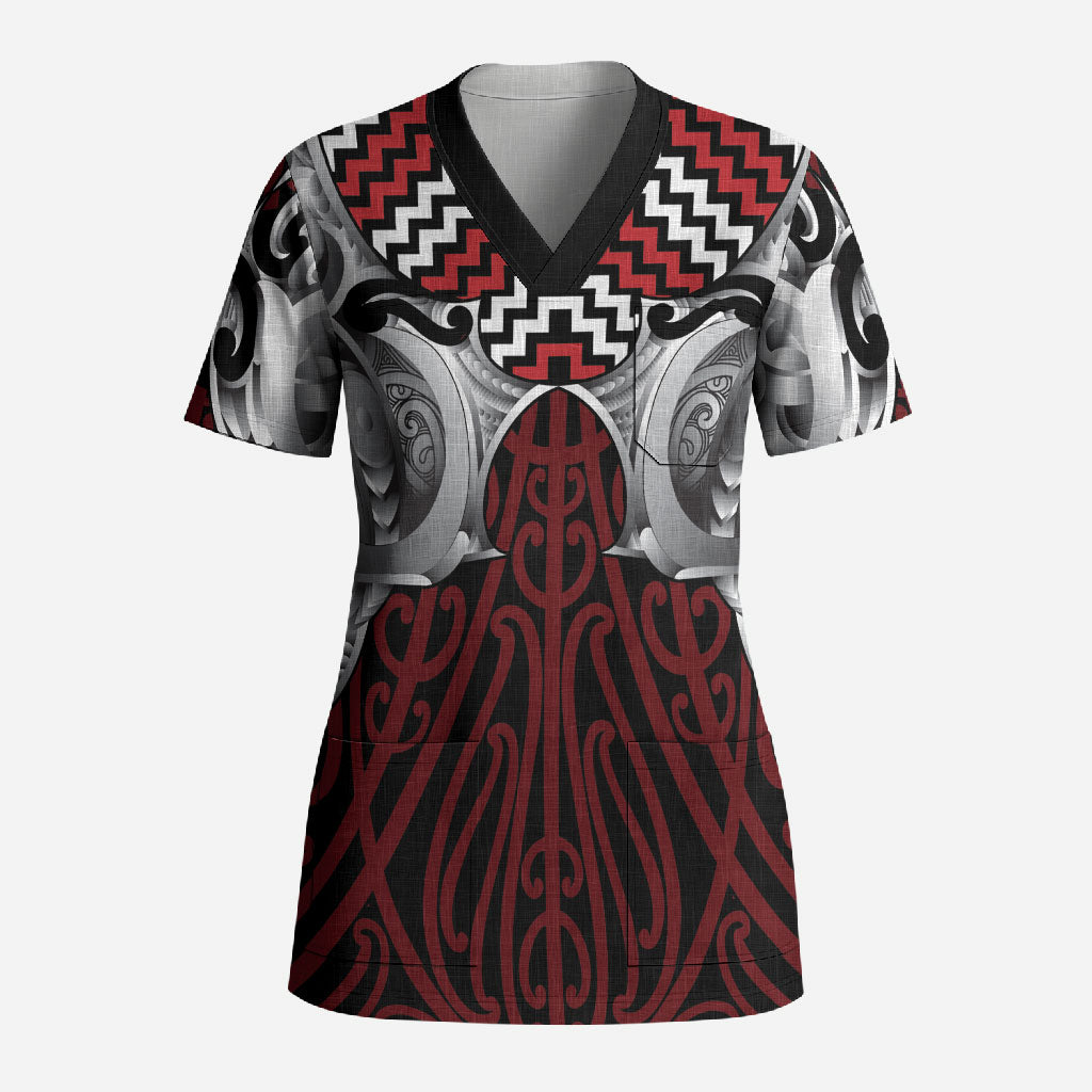 Aotearoa Kowhaiwhai Poutama Red Motif Scrub Top