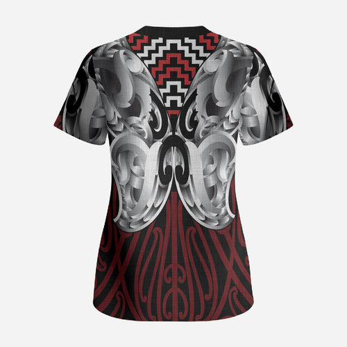 Aotearoa Kowhaiwhai Poutama Red Motif Scrub Top