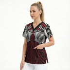 Aotearoa Kowhaiwhai Poutama Red Motif Scrub Top