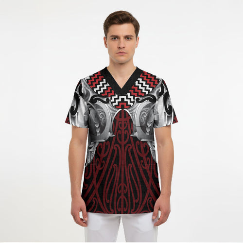 Aotearoa Kowhaiwhai Poutama Red Motif Scrub Top