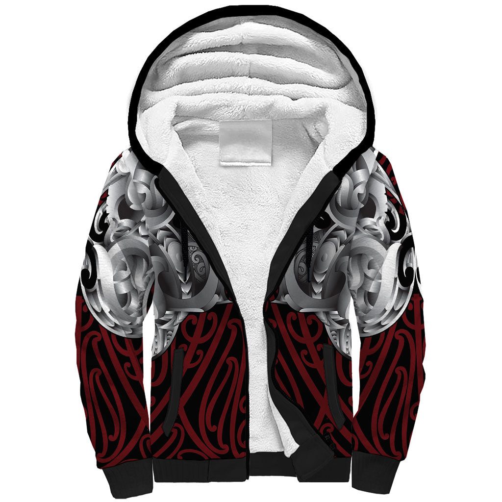 Aotearoa Kowhaiwhai Poutama Red Motif Sherpa Hoodie