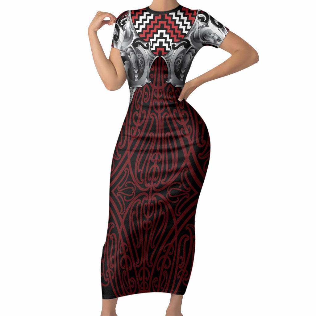 Aotearoa Kowhaiwhai Poutama Red Motif Short Sleeve Bodycon Dress