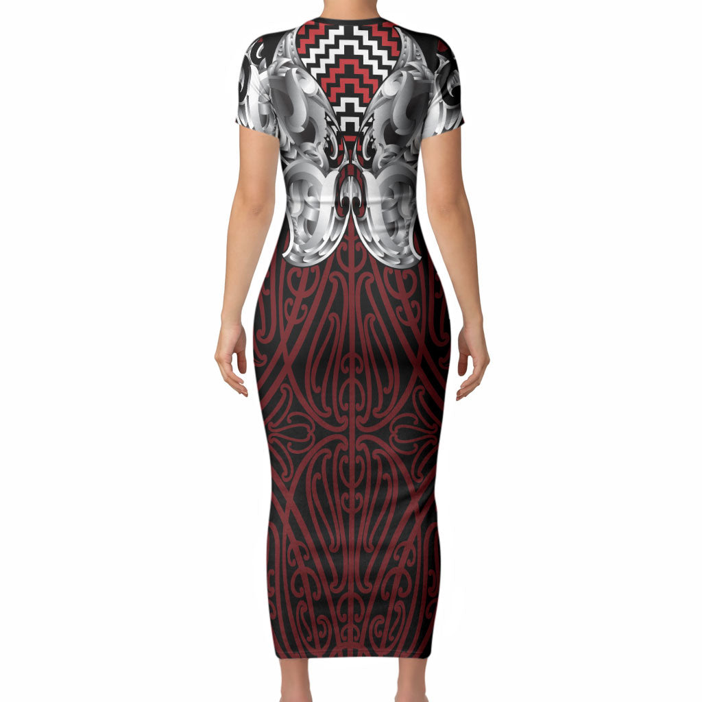 Aotearoa Kowhaiwhai Poutama Red Motif Short Sleeve Bodycon Dress