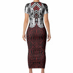 Aotearoa Kowhaiwhai Poutama Red Motif Short Sleeve Bodycon Dress