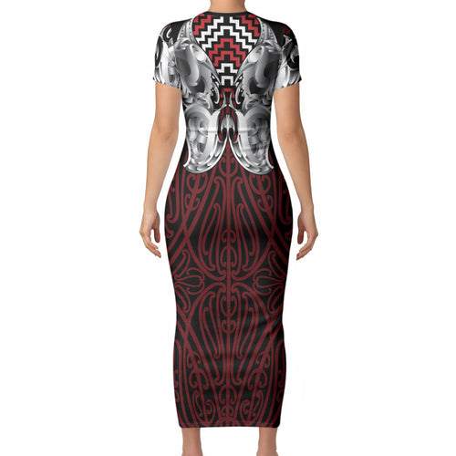 Aotearoa Kowhaiwhai Poutama Red Motif Short Sleeve Bodycon Dress